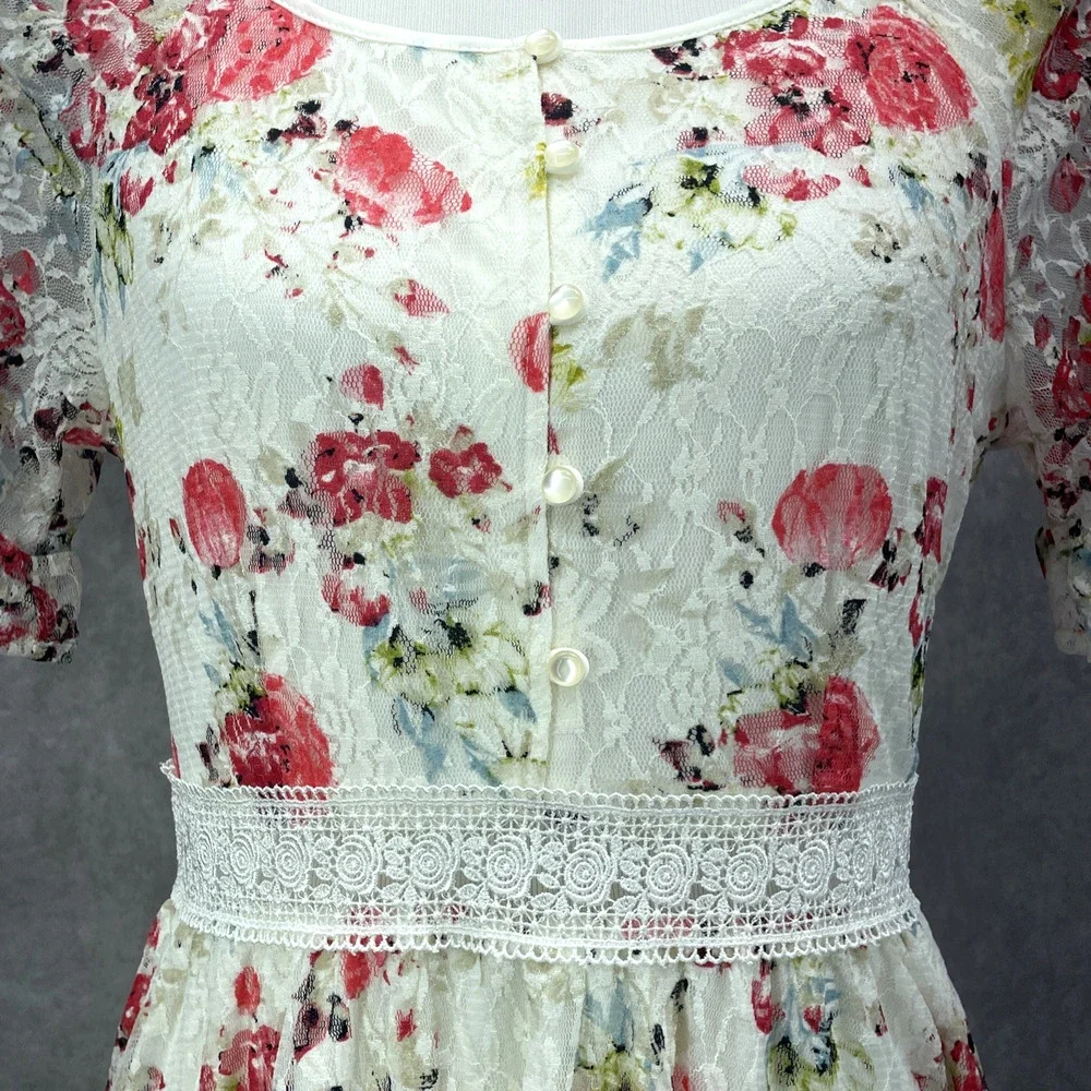 NWT Disney Beauty & The Beast Womens L Floral Wht Lace Dress Peek A Boo Shoulder